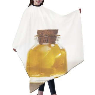 Personality  Glass Bottle Of Essential Oil With Cut Fruit On White Background Hair Cutting Cape