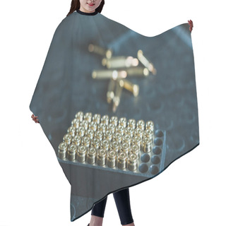 Personality  Close Up View Of Bullets In Stand On Table Hair Cutting Cape