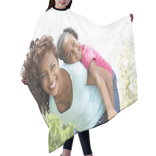 Personality  Portrait Of Happy Mother And Daughter In Park Hair Cutting Cape
