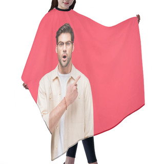 Personality  Surprised Handsome Man Pointing With Finger On Pink With Copy Space Hair Cutting Cape