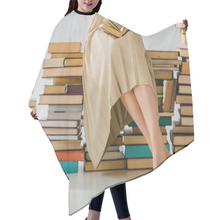 Personality  Close Up Of Woman Reading And Sitting On Pile Of Books  Hair Cutting Cape