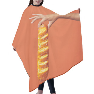 Personality  Cropped Shot Of Person Holding Freshly Baked Baguette On Orange Background, Crunchy French Bakery Hair Cutting Cape