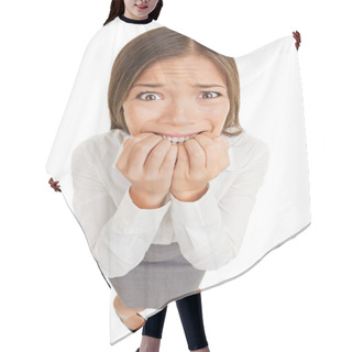 Personality  Frightened And Stressed Young Business Woman Hair Cutting Cape