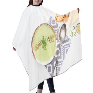 Personality  Top View Of Delicious Creamy Green Vegetable Soup Served On Napkin Near Spoon With Grilled Croutons And Cheese Isolated On White Hair Cutting Cape