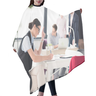 Personality  Smiling Young Businesswoman Hair Cutting Cape