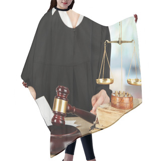 Personality  Judge Sitting At Table During Court Hearings On Room Background Hair Cutting Cape