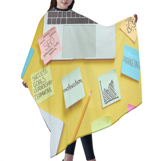 Personality  Top View Of Laptop And Paper Stickers With Business Plan On Yellow Surface Hair Cutting Cape
