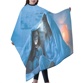 Personality  Mother And Kid Holding Flashlight Under Blanket On Bed In Night  Hair Cutting Cape