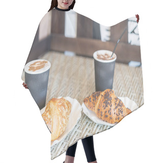 Personality  Cappuccino With Croissant. Two Cups Of Coffee With Milk Foam Stands On A Table In Cafeteria. Two Cups Of Coffee And Two Croissants On The Street In Croissant Cafe. Inscripton On Cup - Croissant Cafe Hair Cutting Cape