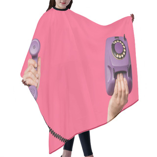 Personality  Cropped Shot Of Man Holding Purple Rotary Phone Isolated On Pink Hair Cutting Cape