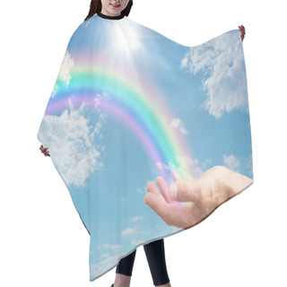 Personality  Here's A Beautiful Rainbow  For You - Female Hand With A Bright Rainbow Arcing Across A Blue Sky With Fluffy Clouds And A Bright Sun Burst Hair Cutting Cape