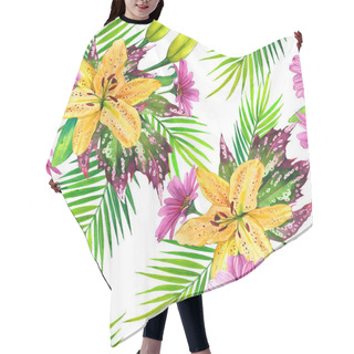 Personality  Seamless Pattern With Exotic Bouquet. Watercolor Illustration Of Yellow Lily, Pink Aster Floral Sketch. Tropical Blossom With Realistic Palm Leaves, Flowers On White Background. Hair Cutting Cape