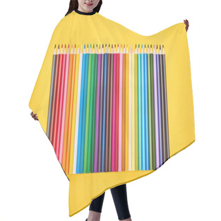 Personality  Panoramic Shot Of Sharpened Color Pencils Isolated On Yellow Hair Cutting Cape