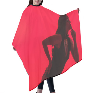 Personality  Silhouette Of Sexy Woman In Devil Costume Showing Silence Symbol, Isolated On Red Hair Cutting Cape