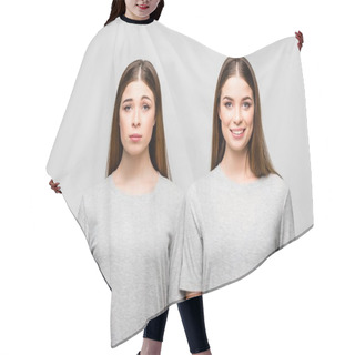 Personality  Portrait Of Twin Sisters In Grey Tshirts Showing Emotions Isolated On Grey Hair Cutting Cape