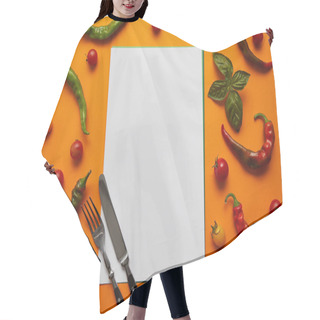 Personality  Top View Of Blank Card, Cutlery And Fresh Tomatoes With Basil And Peppers On Orange Hair Cutting Cape