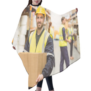 Personality  Warehouse Worker Smiling At Camera Carrying A Box Hair Cutting Cape