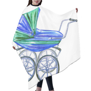 Personality  Vintage Pram For A Boy, Watercolor Illustration On A White Background, Isolated. Hair Cutting Cape