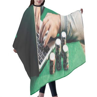 Personality  Panoramic Shot Of Man Typing On Laptop Near Poker Chips Hair Cutting Cape