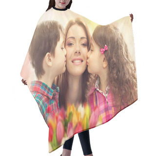 Personality  Happy Mother Kissed By Her Daughter And Son Hair Cutting Cape