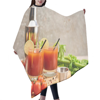 Personality  Bloody Mary Cocktail In Glasses With Straws And Lime On Wooden Board Near Salt, Pepper, Tomatoes And Celery Hair Cutting Cape