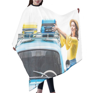 Personality  Woman Putting Luggage On Car Roof Hair Cutting Cape