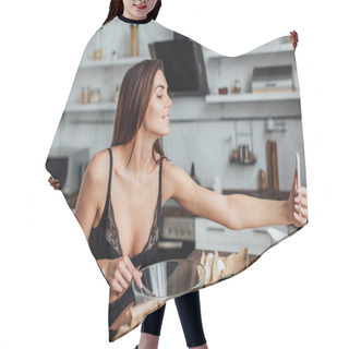 Personality  Woman In Black Lingerie Taking Selfie While Whipping Eggs With Whisk In Kitchen Hair Cutting Cape