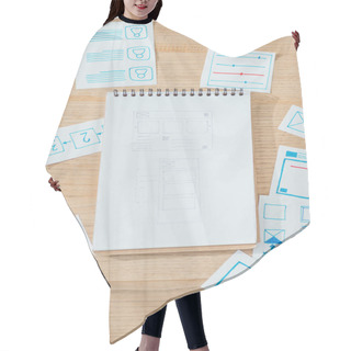 Personality  Top View Of Ux Website Wireframe Sketches And Planning Applications On Wooden Table Hair Cutting Cape