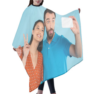 Personality  Asian Woman Showing Peace Sign Near Boyfriend Sticking Out Tongue While Taking Selfie Isolated On Blue Hair Cutting Cape