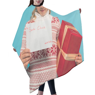 Personality  Cropped View Of Blurred Child With Red Gift Box And Letter To Santa Clause Isolated On Blue Hair Cutting Cape