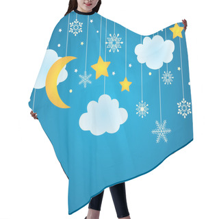 Personality  Vector Blue Background With Hanging Clouds, Moon, Stars And Snowflakes Hair Cutting Cape