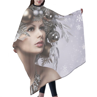 Personality  Christmas Woman With New Year Decorated Hairstyle. Snow Queen. P Hair Cutting Cape