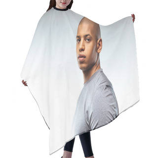 Personality  Sportive Bold African-american Man Wearing Sport T-shirt Hair Cutting Cape