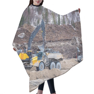 Personality  Excavator And A Dumper Working On A Construction Site, In Winter Hair Cutting Cape