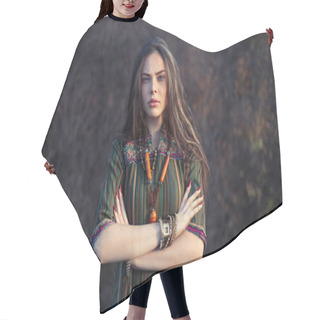 Personality  Portrait Of Young Beautiful Hippie Girl On Sunset Outdoors. Crossed Arms  Hair Cutting Cape