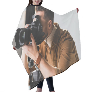 Personality  Photographer Taking Photo With Digital Camera On Backstage Hair Cutting Cape