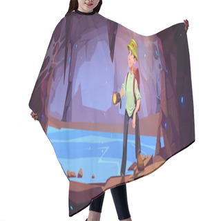 Personality  Hiker Man Travel In Mountain Cave. Concept Of Journey, Trip Adventure With Tourist With Backpack And Flashlight In Stone Cavern With Underground Lake And Crystals, Vector Cartoon Illustration Hair Cutting Cape
