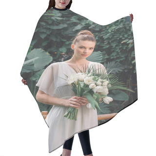 Personality  Pretty Young Bride Posing In White Dress With Wedding Bouquet In Tropical Garden Hair Cutting Cape