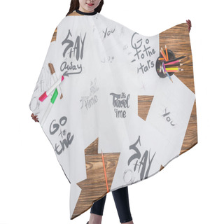 Personality  Top View Of White Paper Sheets With Various Fonts, Color Pencils And Felt Pens On Wooden Surface Hair Cutting Cape