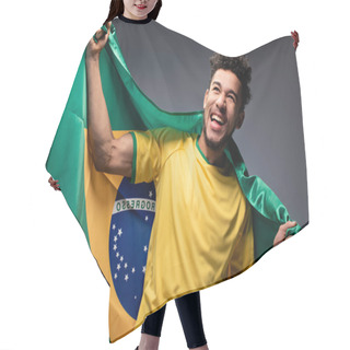 Personality  Happy African American Football Fan Holding Brazilian Flag On Grey Hair Cutting Cape