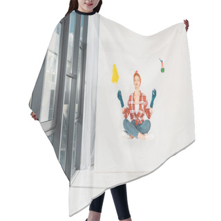 Personality  Floating Girl In Jeans And Plaid Shirt Meditating With Rag And Spray On White Background  Hair Cutting Cape