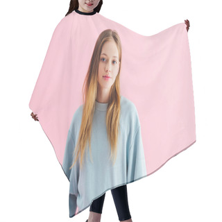 Personality  Beautiful Smiling Teenage Girl Looking At Camera Isolated On Pink Hair Cutting Cape