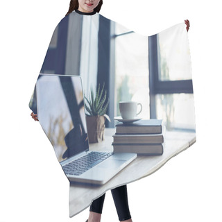 Personality  Design Of Workplace With Laptop And Cup Of Coffee In Home Office Hair Cutting Cape