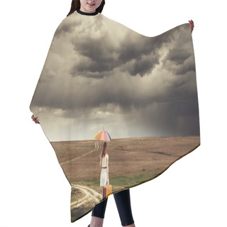 Personality  Girl With Umbrella And Suitcase Walking By The Road At Countrysi Hair Cutting Cape
