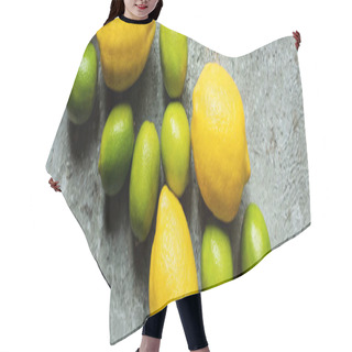 Personality  Top View Of Ripe Yellow Lemons And Green Limes On Concrete Textured Surface, Panoramic Crop Hair Cutting Cape