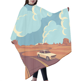 Personality  Western Landscape With Deserted Valley, Rocks, Cumulus Clouds In Blue Sky, Winding Road And Single Passing White Car. Decorative Illustration Of Wild West Prairie. Vector Background Hair Cutting Cape