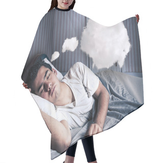 Personality  Man Comfortably Dreaming In His Bed With A Cloud Hair Cutting Cape