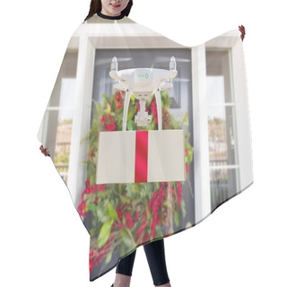Personality  Drone Delivering Wrapped Package With Red Ribbon To Christmas Decorated House Porch Hair Cutting Cape