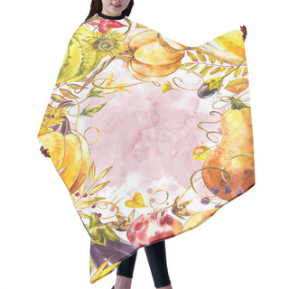 Personality  Autumn Leaves And Pumpkins Border Frame With Space Text On White Background. Seasonal Floral Maple Oak Tree Orange Leaves With Gourds For Thanksgiving Holiday, Harvest Decoration Watercolor Design. Hair Cutting Cape