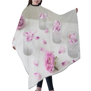 Personality  Glasses With Tonic And Floral Petals Near Pink Peonies On White Tabletop And Grey Background Hair Cutting Cape